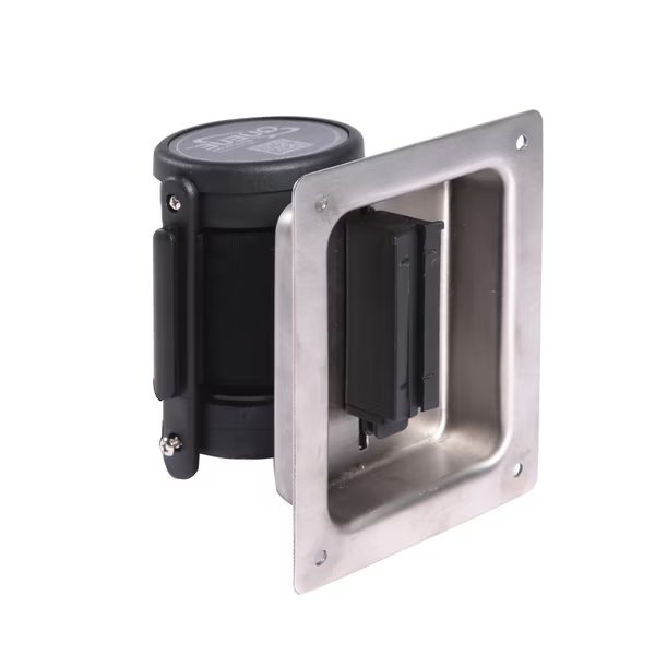 WallPro Recessed Unit, Satin Stain., 13' Ylw/Blk OUT OF SERVICE Belt, Queue Solutions, Mfr#: WPRU-SS-YBO150